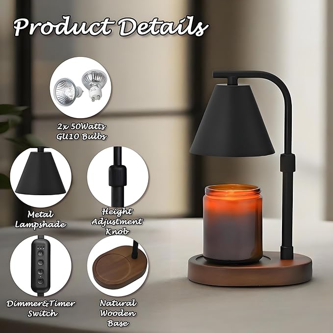 SOKCVSEA Candle Warmer Lamp - Candle Warmer Compatible with Jar Candles, Home Decor Jar Adjustable Candle Warmer Lamps Vintage Wooden Base (Adjustable Round Black)