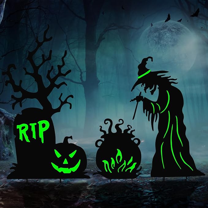 Halloween Yard Signs Outdoor Decorations,3 Pack Warerproof Scary Witch Tombstone Cauldron Fluorescent Metal Stakes Glow in The Dark for Lawn Garden Halloween Decor (Witch Tombstone Cauldron)