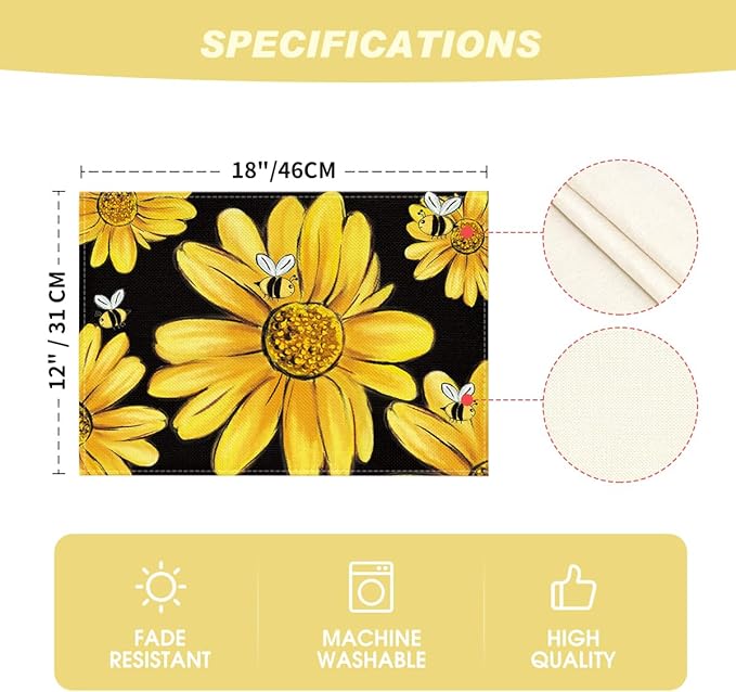 Artoid Mode Sunflower Bee Summer Placemats Set of 6, 12x18 Inch Seasonal Spring Table Mats for Party Kitchen Dining Decoration