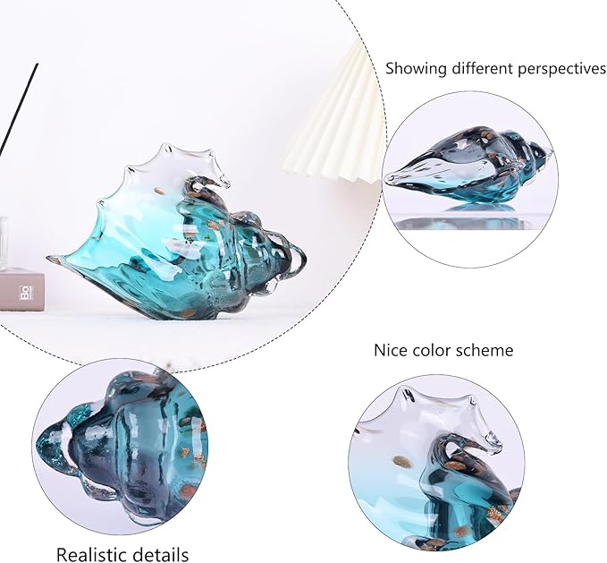 Sea Glass Art Figurines Hand Blown Conch Shell Sculpture, Green Glass Decor Creative Seashell Statue - for Coastal Room Knick Knacks, Home Kitchen Decorations Above Cabinets