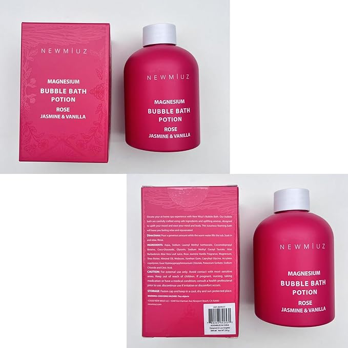 Magnesium Bubble Bath Rose Jasmine Vanilla Long Lasting Foam for Sore Muscles Epsom Salt Moisturizing Relaxing Stress Relief Spa Gift for Women