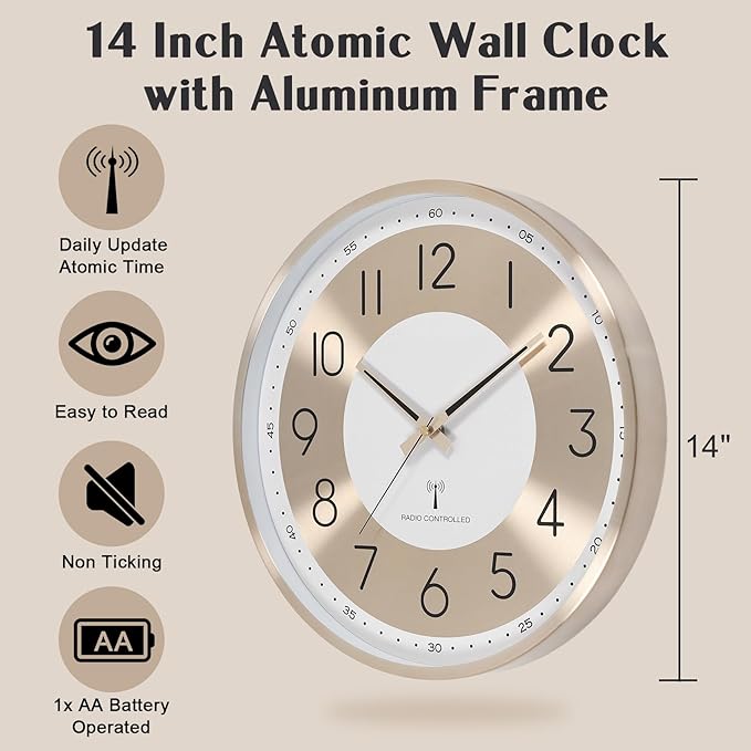 Atomic Analog Wall Clock 14 Inch Battery Operated Wall Clocks Radio Controlled Clock Sets Automatically Gold Large Wall Clock Decor Kitchen Living Room Bedroom