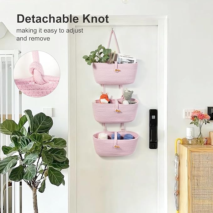 DULLEMELO Hanging Wall Basket for Wall Decor | Pink Woven Storage Basket with Button Strap | 3-Tier Hanging Baskets for Organizing | Hanging Kitchen Baskets
