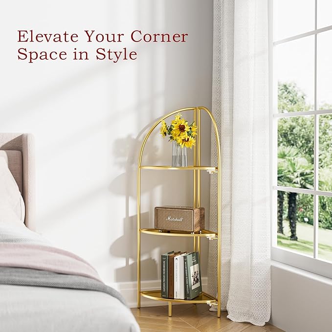 Crofy Foldable 3 Tier Corner Shelf, Metal Corner Plant Stand with Gold Frame and Gold Shelves, Corner Display Rack Multipurpose Shelving Unit for Living Room, Bedroom, Bathroom