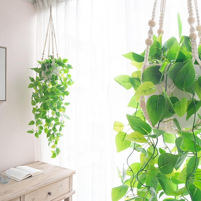 Mkono Fake Hanging Plant with Pot, Artificial Plants for Home Decor Indoor Macrame Plant Hanger with Fake Vines Greenery for Bedroom Bathroom Kitchen Office Decor, Ivory (Pothos)
