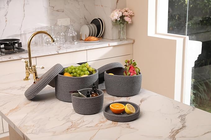 Cottonphant Set of 3 Stylish Round Woven Baskets with Lids - Elegant Storage Solution for Home Decor and Organization - Compact Shelf Baskets (Dark Grey, 10"x6"-8"x5"-6"x4")