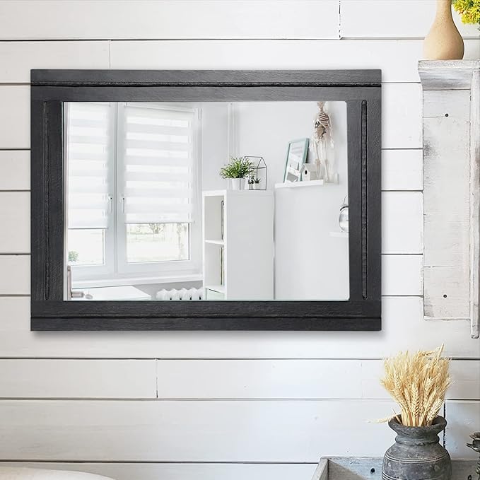 AAZZKANG Wood Framed Mirror Rectangular Mirrors for Wall Black Large 20"x16" Decorative for Bedroom Living Room Bathroom Home Entyway Hanging