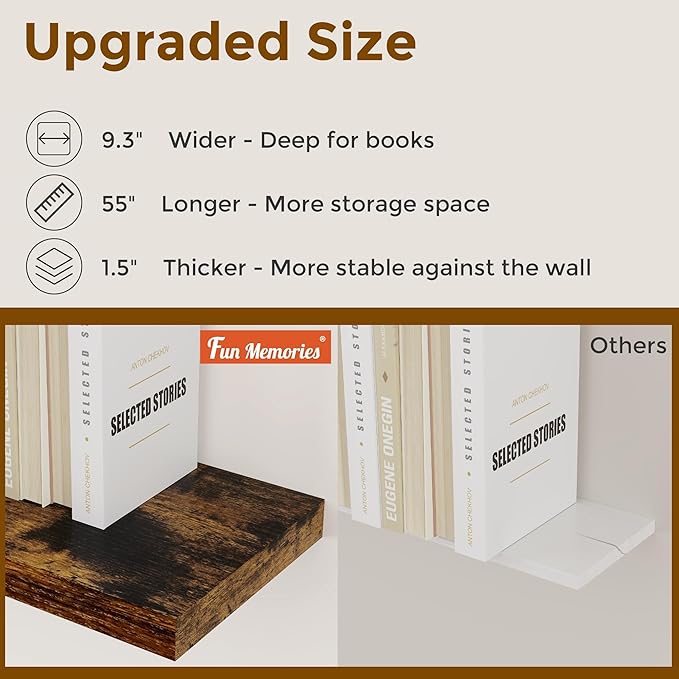 55 Inch Brown Floating Shelves, 9.3 Inch Deep Wall Mounted Floating Shelf, 55 x 9.3 Large Storage Wall Shelf for Living Room, Floating TV Stand, Farmhouse Rustic 55" Long Fireplace Mantel