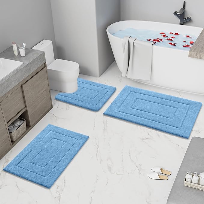 Buganda Bathroom Rugs, 24" x 16", Soft and Absorbent Microfiber Bath Rugs, Non-Slip Shaggy Shower Carpet, Machine Wash Dry Bath Mats for Bathroom Floor, Tub and Shower, Blue
