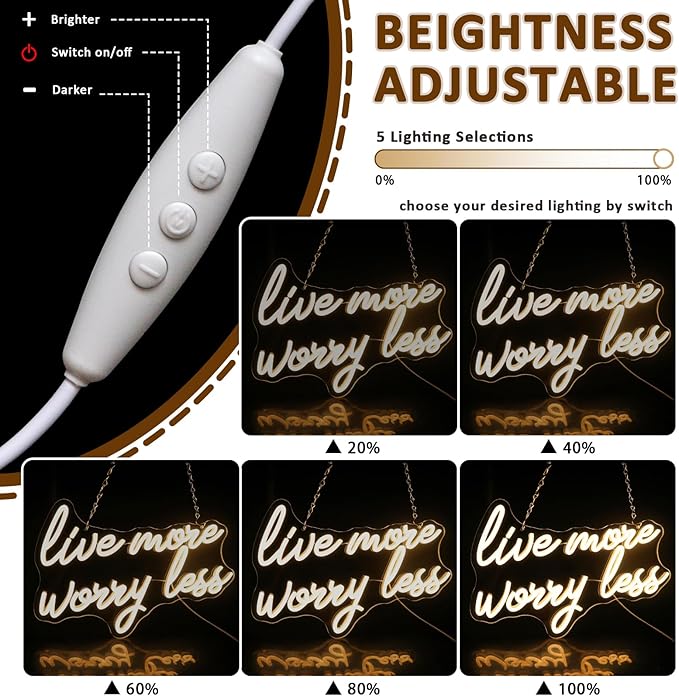 Live More Worry Less Neon Sign for Wall Decor, Warm White Led Signs for Room, USB Dimmable Neon Lights for Bedroom Home Living Room Party Cafe Business Pub Motivational Wall Art
