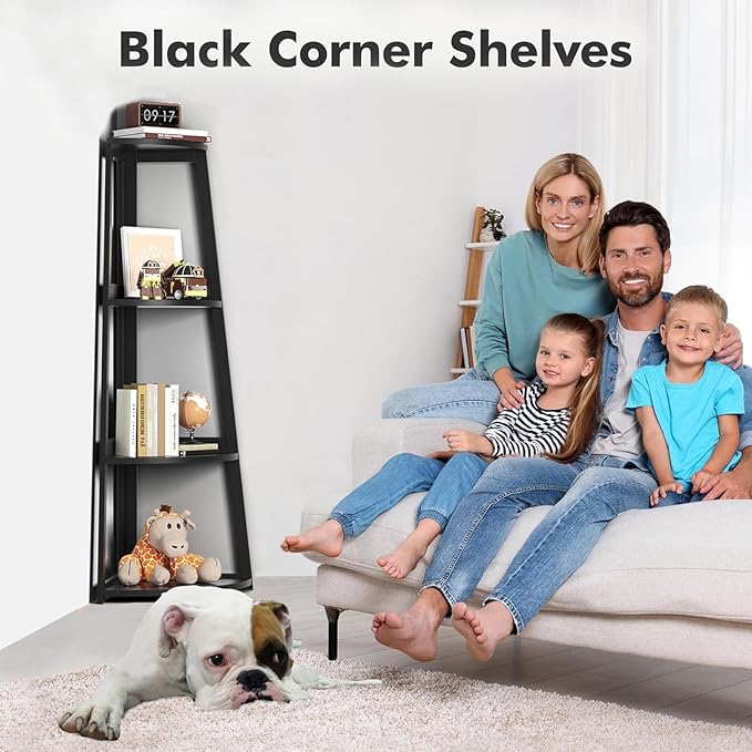 4 Tier Corner Shelf,Bamboo Corner Ladder Shelf,47" Tall Corner Ladder Bookshelf, Corner Shelving Unit for Bathroom, Bedroom, Living Room, Small Space Decor,Black