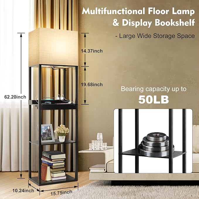 RUNTOP Plus Charging Station Floor Lamp with Wireless Charger, 2 USB-C Port, 2 Power Outlet, Floor Lamp with Shelves, 15W LED Bulb, 3 Colors, Memory Function, Standing Lamp for Living Room Bedroom