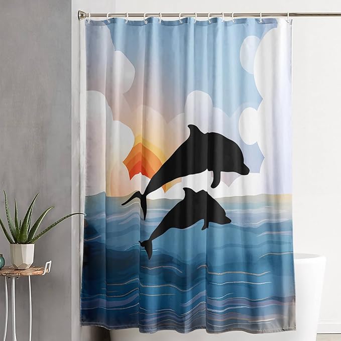 AILONEN Cartoon Dolphin Shower Curtain,Jumping Dolphin Bathroom Curtains for Kids,Girls,Sunset by The Sea Theme Shower Curtains Set with Hooks for Bathroom,60" W*72" H