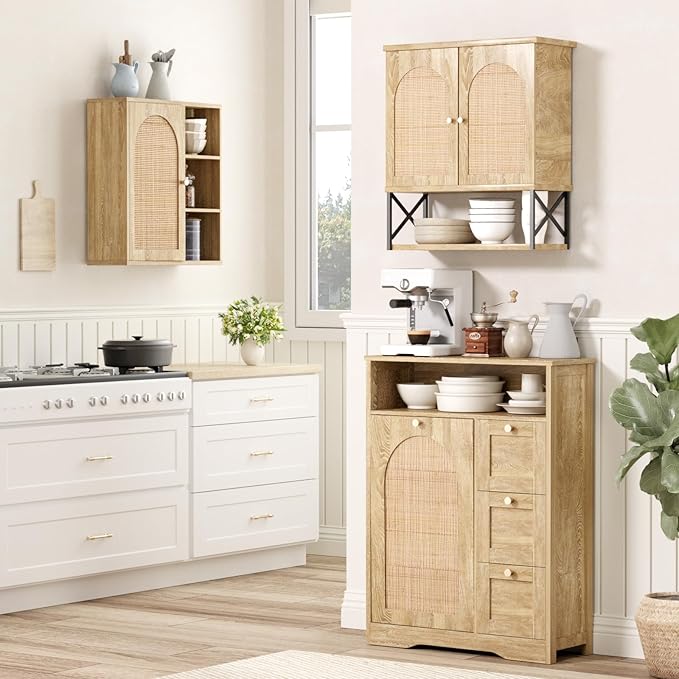 Rattan Bathroom Wall Cabinet, Boho Medicine Wall Cabinet with Double Doors and Adjustable Shelves, Tall Kitchen Wall Mounted Storage Cabinet, Floating Space Saver Over Toilet, Natural