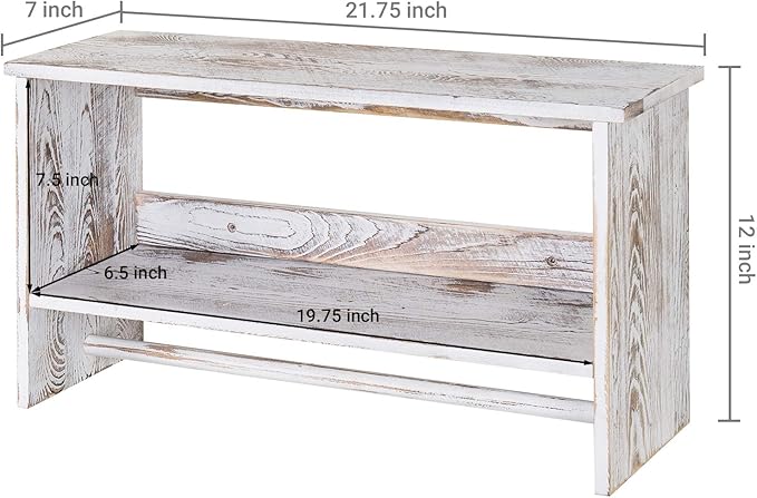 MyGift Wall Mounted Shabby White Washed Solid Wood Bathroom Accessories Organizer 2 Tier Display Shelf with Towel Bar