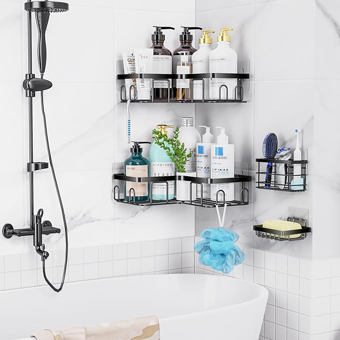 Moforoco 5-Pack Shower Caddy, L-Shaped, 10.2in Diameter, 90-Degree Right Angle, Rustproof, Easy Installation, 12 Hooks, Soap Holder, Adhesive Corner Shower Organizer, Black