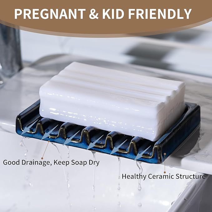 Self Draining Premium Ceramic Soap Dish, Bar Waterfall Soap Dish, Shower Soap Holder Sponge Holder Soap Tray Savers for Bathroom, Shower, Kitchen, Sink and Countertop