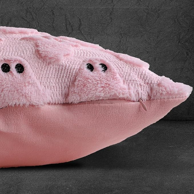 4TH Emotion Halloween Ghost Decorative Lumbar Pillow Covers 12x20 Set of 2, Pink Soft Plush Faux Fur Farmhouse Throw Cushion Cases for Fall Autumn Holiday Home Decorations