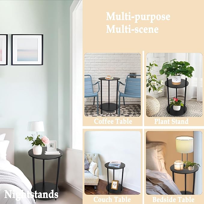 Round Side Table Set of 2, 2-Tier End Table, Small Round Nightstands with Storage Shelf, Modern Accent/Coffee/Bedside Table for Living Room, Bedroom-Black