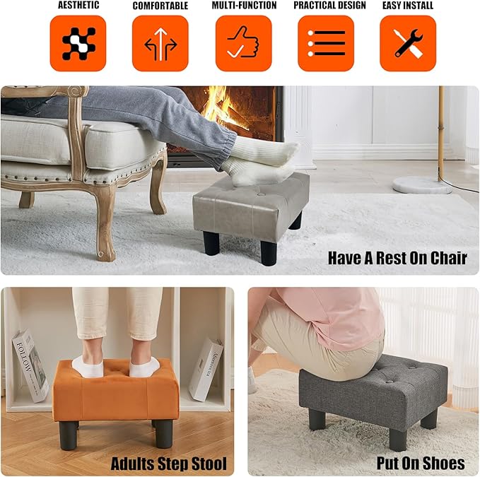 BRIAN & DANY Small Foot Stool, Leather Foot Stools with Legs, Stable Small Footstool for Living Room, Grey