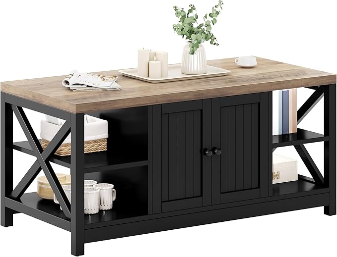 YITAHOME Coffee Table with Storage, Farmhouse Coffee Tables for Living Room, Rectangle Coffee Table 2 Tiers Shelf, CenterTable Space Saving Living Room Small Tables Easy Assembly, Brown and Black