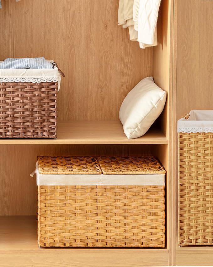 Storage Basket with Lid Rattan Storage Basket with 2 Separate Lid, 27.8 Gallon (105 L) 25.2 * 15.4 * 16.1 Inches Woven Wicker Baskets with 2 Liners and Handles for Bedroom Laundry-Natural