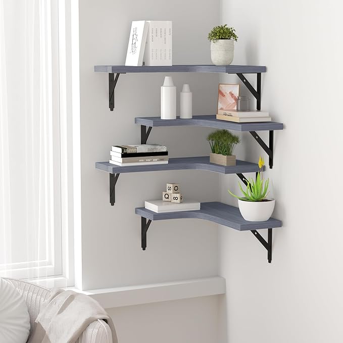 Corner Floating Shelves Wall Mounted Set of 4, Rustic Wood Storage Display Wall Shelves for Home Decor, Bathroom, Kitchen, Bedroom, Living Room, Office (Grey)