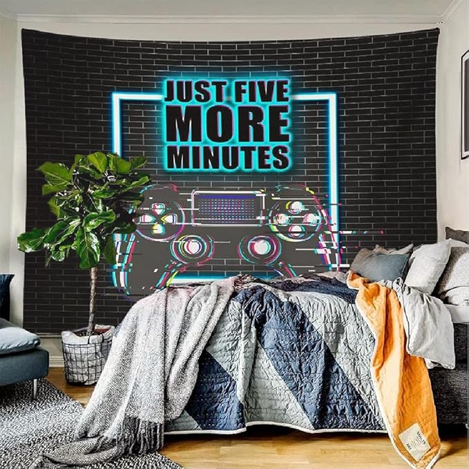 Gaming Tapestry Gaming Room Decor Wall Hanging JUST FIVE MORE MINUTES Cool Neon Blacklight Tapestries Conceptual Abstraction Modern Controller for Men Adults Teen Boys Bedroom Accessories 80x60 Inches