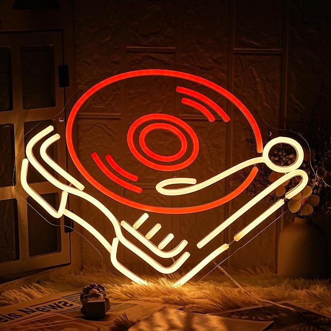 Record Player Neon Sign Retro Red Warm Music Record Neon Light Neon Signs for Studio Decor Live Art Neon Light Sign for Bedroom Beer Bar Decoration