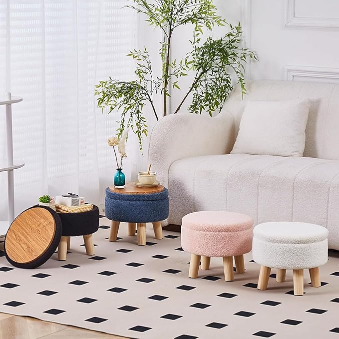 Wimarsbon Storage Ottoman, Modern Round Footrest with Soft Padded Seat, Teddy Velvet Footstool with Wood Legs, Accent Small Table or Plant Stand for Hallway, Living Room (Pink)