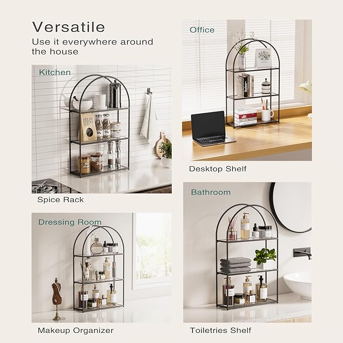 Crofy Black Arched Frame Wall Shelf, Decorative 3 Tier Bathroom Wall Shelf with Transparent Tempered Glass Shelves and Robust Storage Capacity, 6" D x 17.9" W x 28.57" H