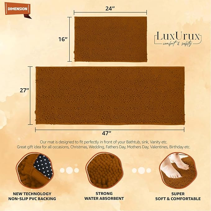LuxUrux 2-Piece Bathroom Rug Set - Ultra-Plush Chenille Mats, Includes Runner Rug, Soft, Absorbent, Non-Slip & Stylish (27x47 & 16x24 inches, Pumpkin)