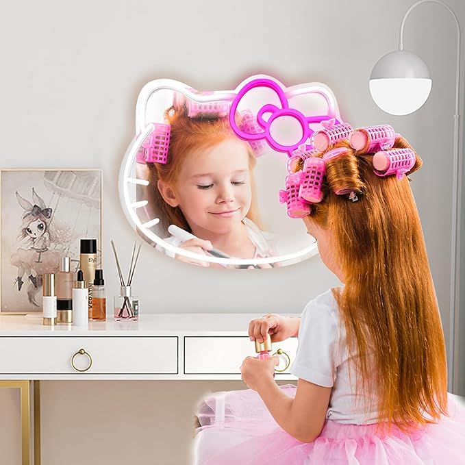 Anime Hello Kit Mirror with light Neon signs for Wall Decor, Neon Mirror with Dimmable for teen girl gift,makeup Mirror neon sign room decor (16.1 * 14 inch)
