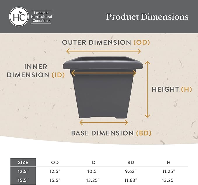 The HC Companies Accent Square Plant Pot w/Drainage - Classic Planters for Outdoor Plants & Indoor Plants - Lightweight & UV-Resistant Square Planter Box (12.5”, Sandstone, Pack of 2)