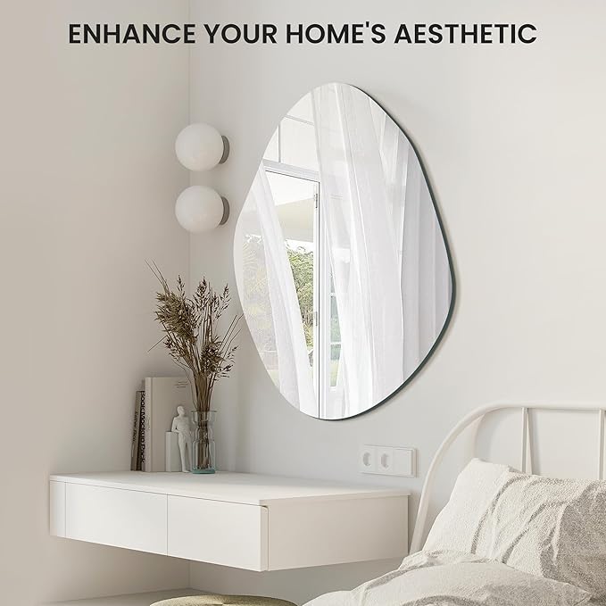 Irregular Asymmetrical Wall Mirror for Living Room Bathroom Entryway, Modern Decorative Mirror Hanging (Hook Style, 36'' x 24'')