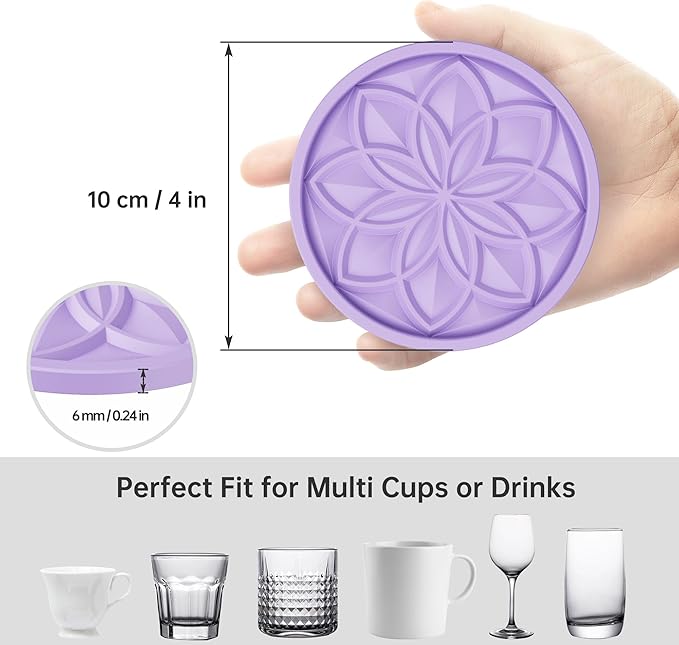 HFHOME Silicone Coasters Set for Drinks - 6 Pack With Holder, Table Cup Mat for Coffee Table, Desk, Bar - Tabletop Protection Gift - Light Purple