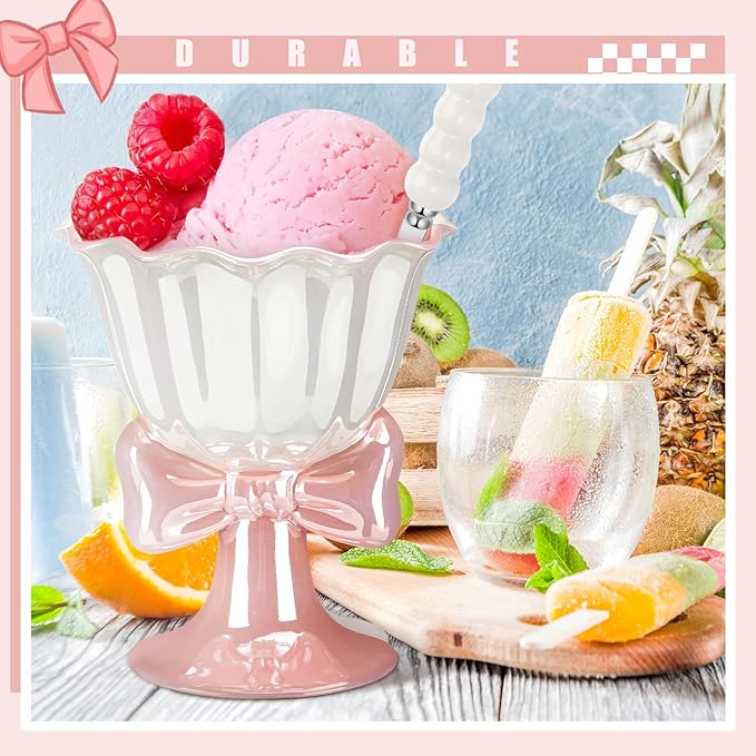 Yungyan Pink Bow Ice Cream Cup with Pearl Glaze Ceramic Bow Knot Cute Coffee Mug with Stainless Steel Pearl Spoon Coquette Stuff Preppy Aesthetic Gift Set for Women Holiday Birthday