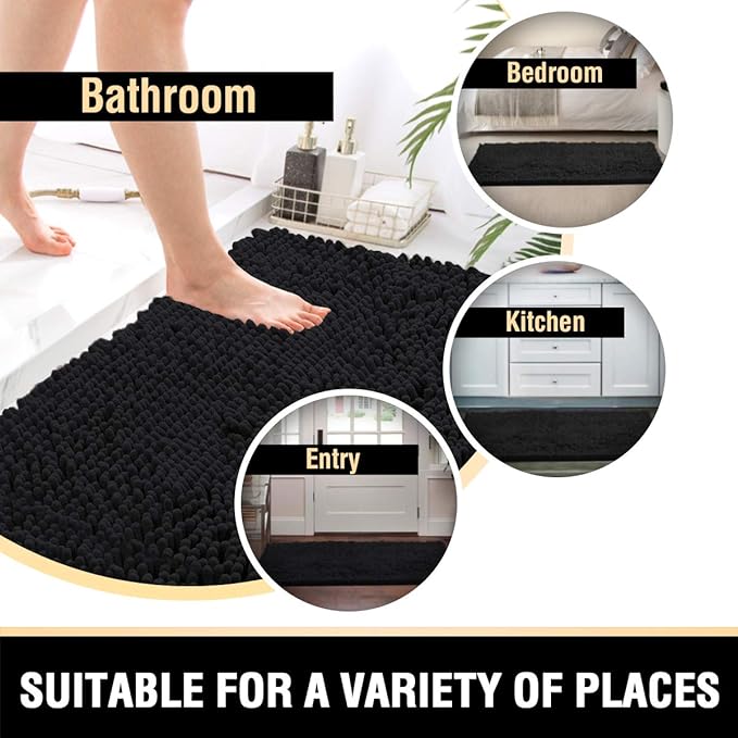 H.VERSAILTEX Bathroom Rugs Bath Mats Non Slip Chenille Bathroom Runner Rug 47x17 Extra Soft and Absorbent Shaggy Rugs Washable Dry Fast Plush Area Carpet Mats for Bath Room, Tub - Black