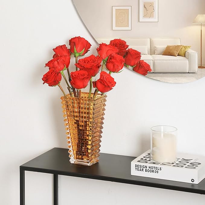 MCMCNCUIU Crystal Vase, Large Crystal Vases for Flowers, Large Flower Vase, Modern Amber Vases for Living Room, Bedroom, Kitchen, Dining Table, Mantle, Wedding, 9 Inches