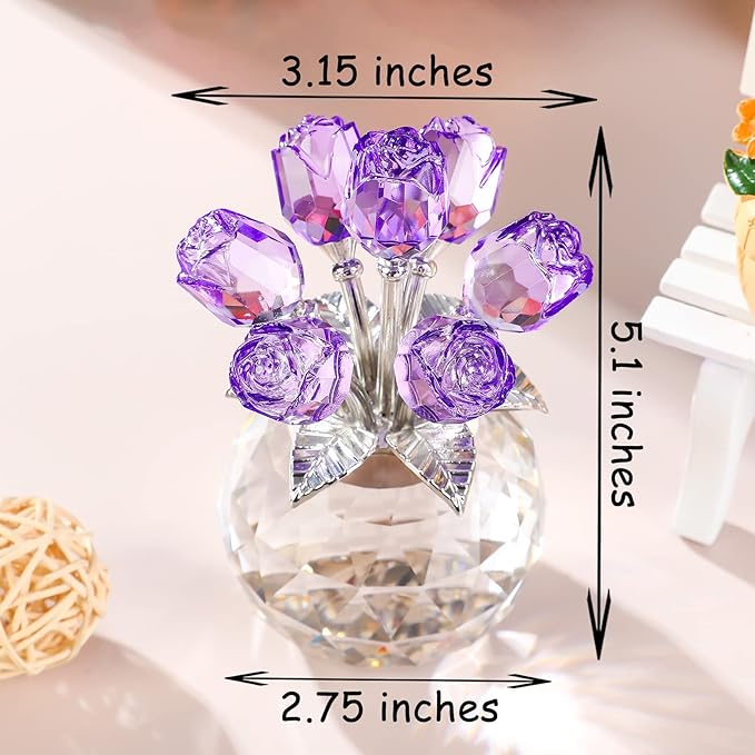 Purple Rose Flower Crystal Figurine with Vase, Bouquet Flowers Ornament Gifts for Wife Girlfriend Women , Handmade Crystal Flower Collectible Home Table Decor for Valentine's Day Wedding Anniversary