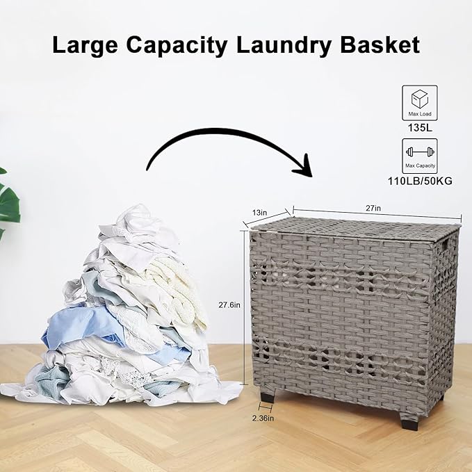 OIAHOMY Laundry Hamper with Lid, 140L Clothes Hamper with 3 Removable Liner Bags, Foldable Basket with Lid, Synthetic Wicker Laundry Basket for Bedroom, 27x 13 x 26 Inches, Grey