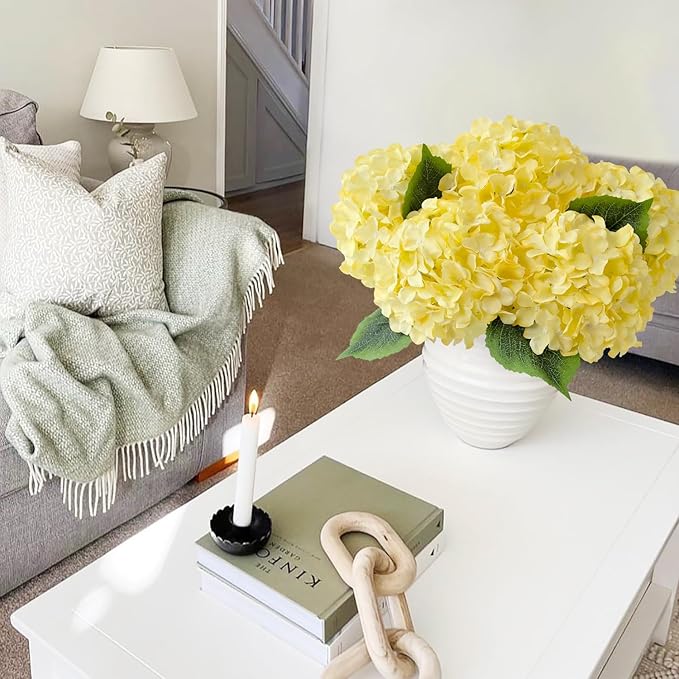 Yellow Fake Hydrangea Flower Heads with Stems, 5Pcs 20Inch Full Fake Flowers for Wedding Home Garden Indoor Bouquet Table Centerpieces Floral Arrangements