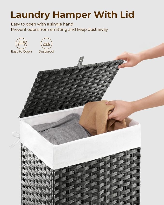 Greenstell Laundry Hamper with Lid, 60L Clothes Hamper with 2 Removable Liner Bags & 2 Mesh Laundry Bags, Handwoven Synthetic Rattan Laundry Basket for Clothes, Toys in Bathroom, Bedroom Grey