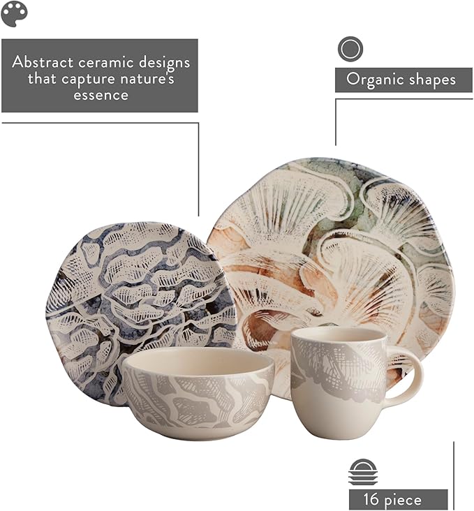 Corona 16–piece Earth Tones Fungi Mushroom Design Ceramic Dinnerware Sets | Plates Bowls and Mugs Set | Service For 4 | Ziba