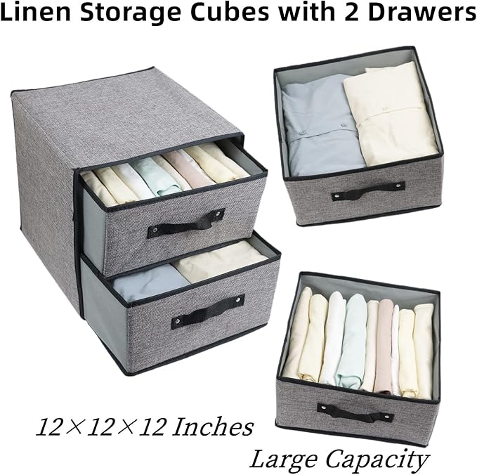 Linen Closet Organizer and Storage, Fabric Storage Drawer Organizer with 2 Drawers for Underwear, Sock, Bra, Small Items, 121212 INCH (Gray)
