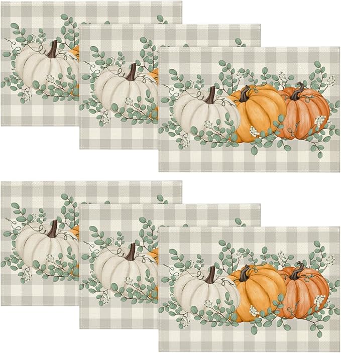 Artoid Mode Orange Pumpkins Eucalyptus Leaves Fall Placemats Set of 6, 12x18 Inch Seasonal Autumn Table Mats for Party Kitchen Dining Decoration