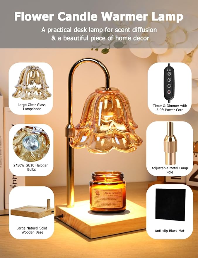 Candle Warmer Lamp with Timer Dimmer, Adjustable Flower Lamp Warmer for Large Jar Candle, Electric Wax Melt Light with 2 Bulbs, Birthday Housewarming Gifts for Men Women, Home Bedroom Decor