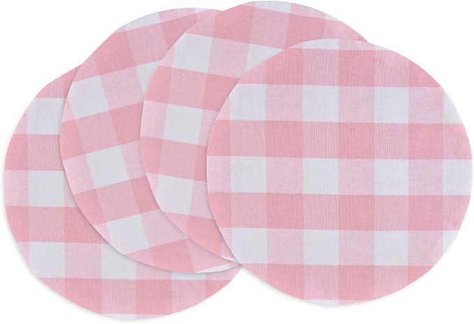 Pink & White Cotton Buffalo Check Plaid Round Placemat, Set of 4, 15 Inch eco-Friendly Fabric Handcrafted Machine Washable Indoor & Outdoor Tablemat