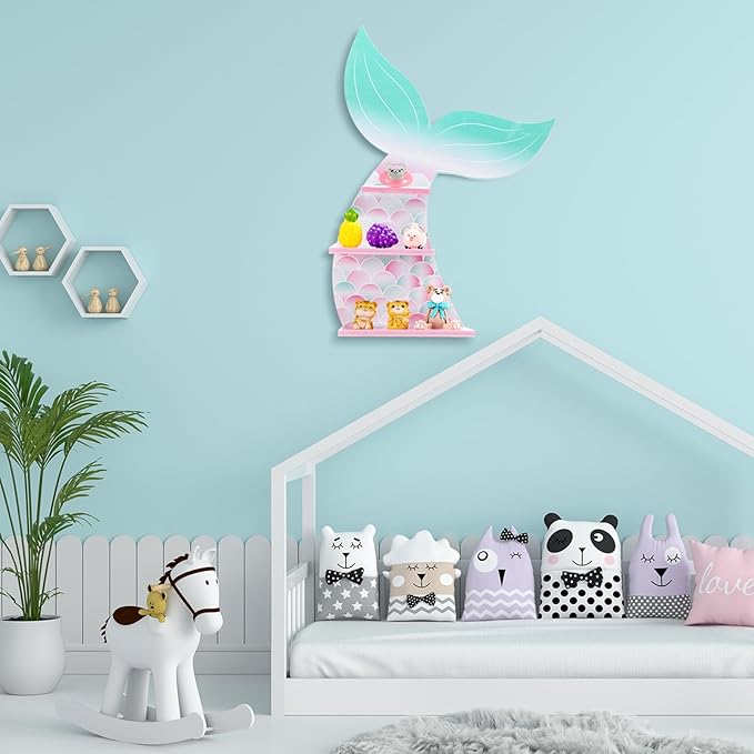 Bencailor Wall Decor Shelf Bedroom Hanging Shelf Wall Mounted Wooden Floating Bathroom Decor for Girls Bedroom Nursery Gift(Cute Mermaid)