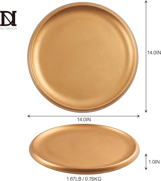 DN Decoration Gold Decorative Tray, 14 Inch Large Gold Tray, Round Wooden Trays for Home Decor, Coffee Table Trays Decor for Perfume, Jewelry, Living Room, Table Centerpiece, Bathroom, Ottoman
